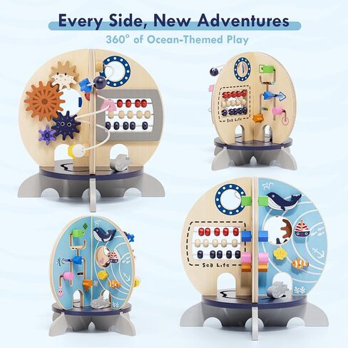 Wooden Ocean Activity Cube, Montessori Sensory Toy for 6–18 Months Toddlers, Birthday Gift for 1 Year Old Boys Girls in Kuwait