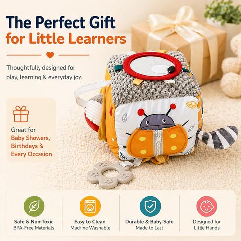 Baby Activity Cube Toy 8-in-1 for Babies 6-12 Months | Montessori Sensory Cube with Mirror, Teether, Crinkle Textures & Fine Motor Activities | Soft Busy Cube Toy for Toddler in Kuwait