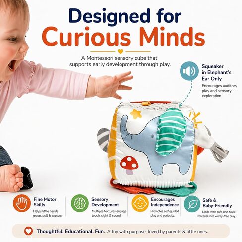 Baby Activity Cube Toy 8-in-1 for Babies 6-12 Months | Montessori Sensory Cube with Mirror, Teether, Crinkle Textures & Fine Motor Activities | Soft Busy Cube Toy for Toddler in Kuwait