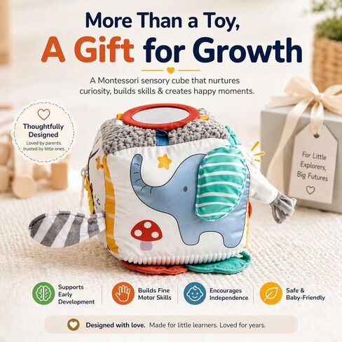 Baby Activity Cube Toy 8-in-1 for Babies 6-12 Months | Montessori Sensory Cube with Mirror, Teether, Crinkle Textures & Fine Motor Activities | Soft Busy Cube Toy for Toddler in Kuwait