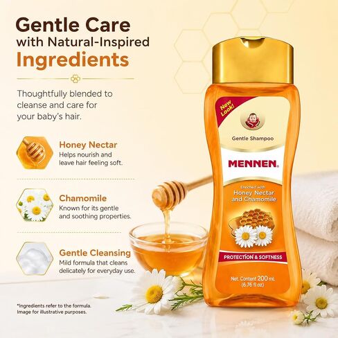 Mennen Gentle Baby Shampoo with Honey Nectar & Chamomile, Tear-Free Gentle Shampoo for Babies & Kids, Softness & Protection Formula, Daily Hair Care for Delicate Hair, 200 mL / 6.76 fl oz in Kuwait