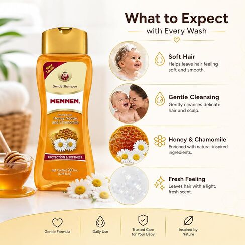 Mennen Gentle Baby Shampoo with Honey Nectar & Chamomile, Tear-Free Gentle Shampoo for Babies & Kids, Softness & Protection Formula, Daily Hair Care for Delicate Hair, 200 mL / 6.76 fl oz in Kuwait