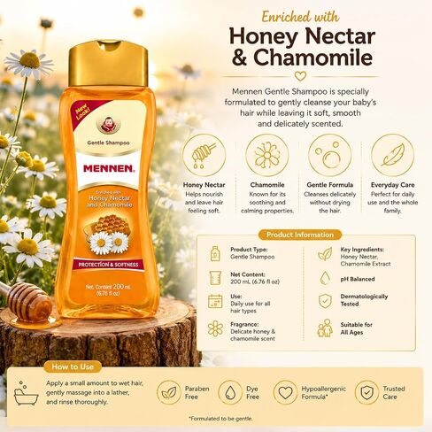 Mennen Gentle Baby Shampoo with Honey Nectar & Chamomile, Tear-Free Gentle Shampoo for Babies & Kids, Softness & Protection Formula, Daily Hair Care for Delicate Hair, 200 mL / 6.76 fl oz in Kuwait