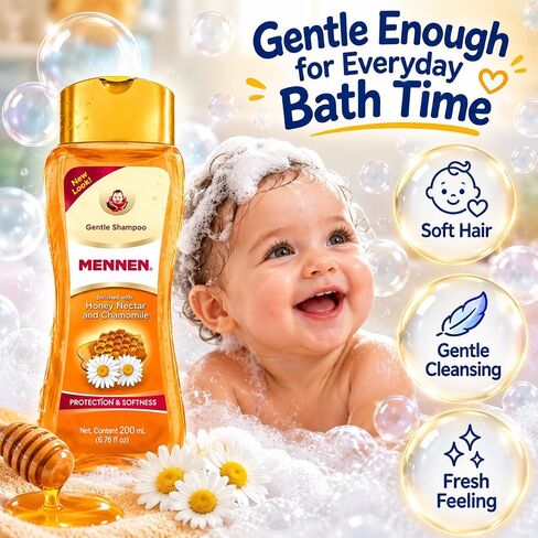 Mennen Gentle Baby Shampoo with Honey Nectar & Chamomile, Tear-Free Gentle Shampoo for Babies & Kids, Softness & Protection Formula, Daily Hair Care for Delicate Hair, 200 mL / 6.76 fl oz in Kuwait