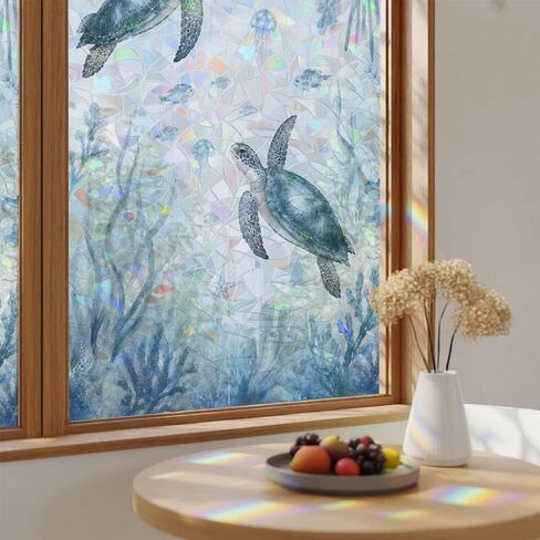 Rainbow Window Film, Octopus Coastal Decorative Stained Glass Window Film for Home, Blue Seaweed Coral Ocean Summer Removable Static Cling for Bathroom Office Decor, 23.6 x 59 Inch in Kuwait