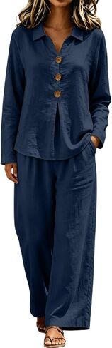 Business Casual Outfits for Women Wide Leg Set | Collared 3 Button Top Wide Leg Pants Set,Office Casual Outfits in Kuwait
