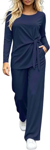 Two Piece Sets for Women Wide Leg Matching Set | Crew Neck Long Sleeve Top Wide Leg Pants Set,Daily Lounge Outfit in Kuwait