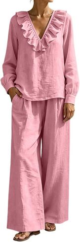 Two Piece Sets for Women Ruffle Wide Leg Set | Ruffle V Neck Long Sleeve Top Wide Leg Pants Set,Weekend Lounge Outfits in Kuwait