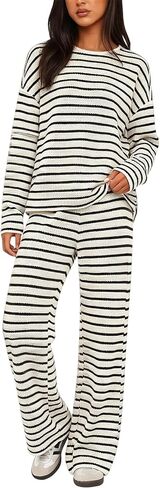 Lounge Sets for Women Striped Knit Wide Leg Set | Striped Crew Neck Top Wide Leg Pants Set,Daily Lounge Outfits in Kuwait