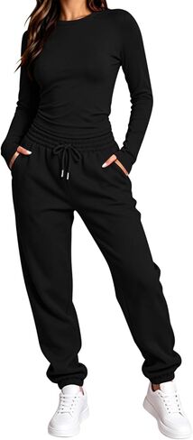 Womens 2 Piece Outfits Jogger Lounge Set | Long Sleeve Crew Neck Top Drawstring Jogger Pants Set,Athleisure Outfits in Kuwait