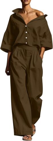 Matching Sets Women Clothing Button Shirt Set | Button Down Shirt Top Pleated Wide Leg Pants Set,Office Casual Outfits in Kuwait