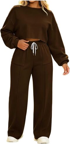 Lounge Sets for Women Long Sleeve Pants Set | Crew Neck Long Sleeve Top Elastic Waist Pants Set,Daily Lounge Outfits in Kuwait