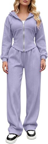 Travel Outfits for Women Hooded Zip Matching Set | Hooded Zip Top Drawstring Pants Set,Travel Casual Outfits in Kuwait