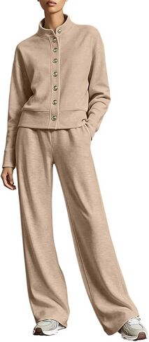 Matching Sets Women Clothing Wide Leg Lounge Set | Cardigan Long Sleeve Top Wide Leg Pants Set,Daily Lounge Outfits in Kuwait