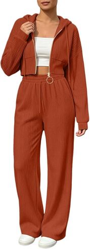 Travel Outfits for Women Zip Hoodie Wide Leg Set | Zip Hooded Top Wide Leg Pants Set,Travel Lounge Outfits in Kuwait