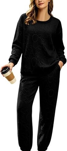 Athleisure Sets Women Letter Graphic Lounge Set | Letter Crew Neck Top Casual Pants Set,Athletic Lounge Outfits in Kuwait