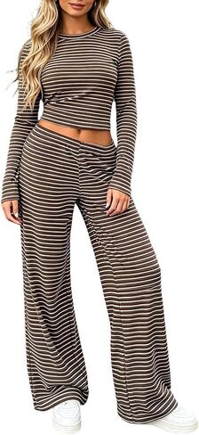 Matching Sets Women Clothing Striped Lounge Set | Striped Long Sleeve Top Elastic Waist Pants Set,Daily Casual Outfits in Kuwait
