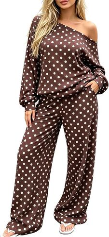 Two Piece Sets for Women Polka Dot Lounge Set | Polka Dot Long Sleeve Top Elastic Waist Pants Set,Weekend Casual Outfits in Kuwait