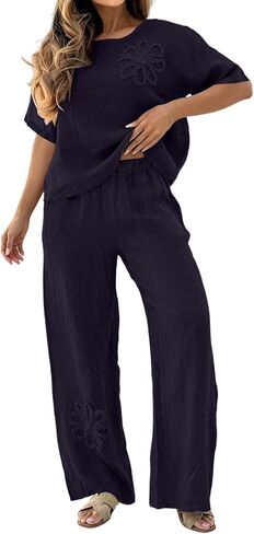 Two Piece Sets for Women Floral Lounge Set | Floral Short Sleeve Top Wide Leg Pants Set,Weekend Casual Outfits in Kuwait