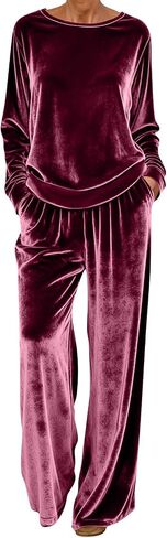 2 Piece Velvet Lounge Sets For Women Long Sleeve Tops Wide Leg Pants 2026 Fall Winter Casual Velour Matching Outfit in Kuwait