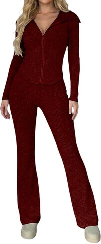 Matching Sets Women Clothing Zip Casual Set | Zip Up Long Sleeve Top Straight Pants Set,Daily Casual Outfits in Kuwait