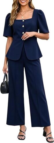 Business Casual Outfits for Women Straight Pants Set | Square Neck Puff Sleeve Top Straight Pants Set,Office Casual Outfits in Kuwait
