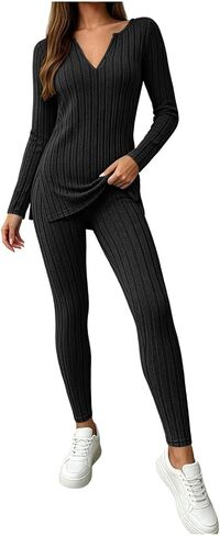 Two Piece Sets for Women V Neck Lounge Set | V Neck Slit Long Sleeve Top Elastic Waist Pants Set,Daily Casual Outfits in Kuwait