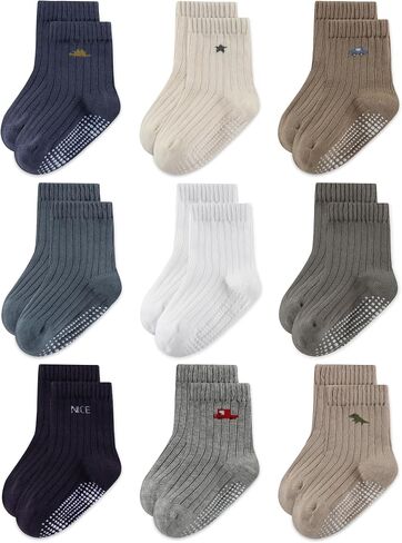 9 Pairs Toddler Socks with Grips Baby Boy Girl Non Slip Crew Socks | Toddler Grip Socks,Ankle Socks,Combed Cotton,9 Pairs,Seamless Design,Breathable,All Seasons,Machine Wash,Stretchable in Kuwait
