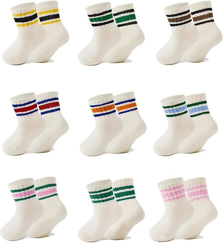 Durio Toddler Grip Socks - Baby Non-Slip Crew Socks for Boys Girls 1-5T | Soft Cotton Sock for Boys Girls, Retro Striped Sport Style, Silicone Grippers for Home, Park, School in Kuwait