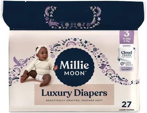 Millie Moon Luxury Diapers, Size 3 (13-24lbs), 27 Count, Up to 12 Hour Absorbency, Double Leak Guard and Wetness Indicator in Kuwait