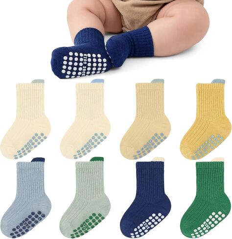 8 Pack Toddler Non Slip Socks with Grippers | Unisex Anti Skid Socks for 1-3T, Walking Grip Socks for Baby Boys Girls in Kuwait