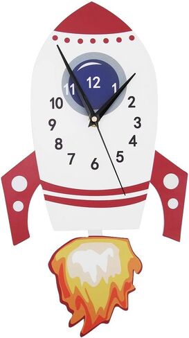 Cartoon Rocket Silent Wall Clock Kids Bedroom Decor Unique Childrens Gift Birthday Present with Swinging Pendulum for Home Office Nursery in Kuwait