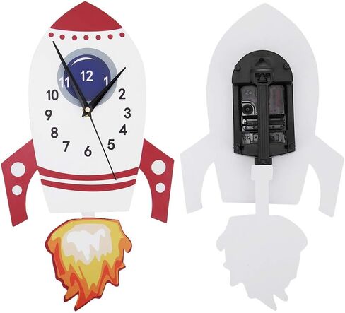 Cartoon Rocket Silent Wall Clock Kids Bedroom Decor Unique Childrens Gift Birthday Present with Swinging Pendulum for Home Office Nursery in Kuwait