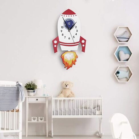 Cartoon Rocket Silent Wall Clock Kids Bedroom Decor Unique Childrens Gift Birthday Present with Swinging Pendulum for Home Office Nursery in Kuwait