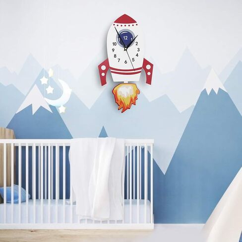 Cartoon Rocket Silent Wall Clock Kids Bedroom Decor Unique Childrens Gift Birthday Present with Swinging Pendulum for Home Office Nursery in Kuwait