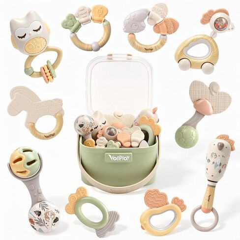 Baby Rattles, Baby Toys 0-6 Months, Teething Toys 3-6 Months, Newborn Toys with Storage Box, Infant Toys 0-6 Months for Grasping, Neutral Baby Shower Gift for Boy Girl (10-Pack) in Kuwait