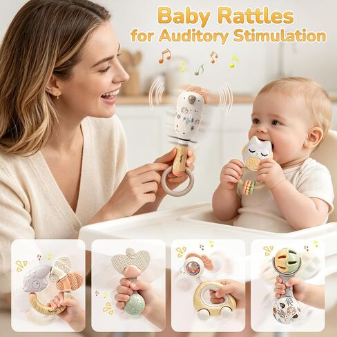 Baby Rattles, Baby Toys 0-6 Months, Teething Toys 3-6 Months, Newborn Toys with Storage Box, Infant Toys 0-6 Months for Grasping, Neutral Baby Shower Gift for Boy Girl (10-Pack) in Kuwait