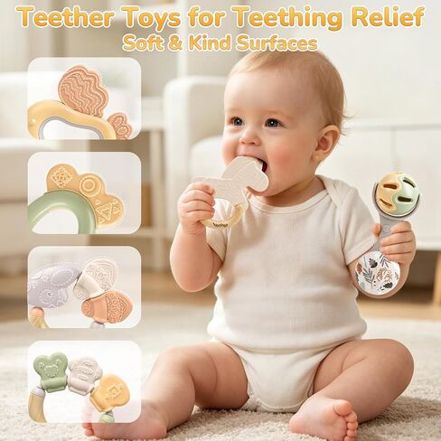 Baby Rattles, Baby Toys 0-6 Months, Teething Toys 3-6 Months, Newborn Toys with Storage Box, Infant Toys 0-6 Months for Grasping, Neutral Baby Shower Gift for Boy Girl (10-Pack) in Kuwait