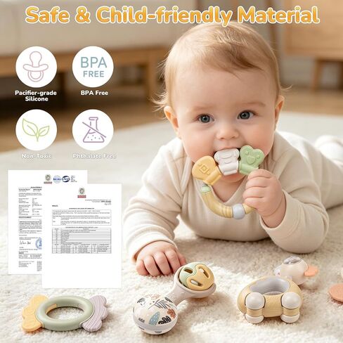 Baby Rattles, Baby Toys 0-6 Months, Teething Toys 3-6 Months, Newborn Toys with Storage Box, Infant Toys 0-6 Months for Grasping, Neutral Baby Shower Gift for Boy Girl (10-Pack) in Kuwait