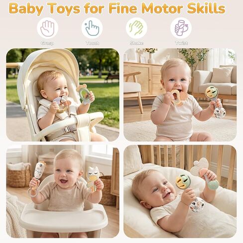 Baby Rattles, Baby Toys 0-6 Months, Teething Toys 3-6 Months, Newborn Toys with Storage Box, Infant Toys 0-6 Months for Grasping, Neutral Baby Shower Gift for Boy Girl (10-Pack) in Kuwait