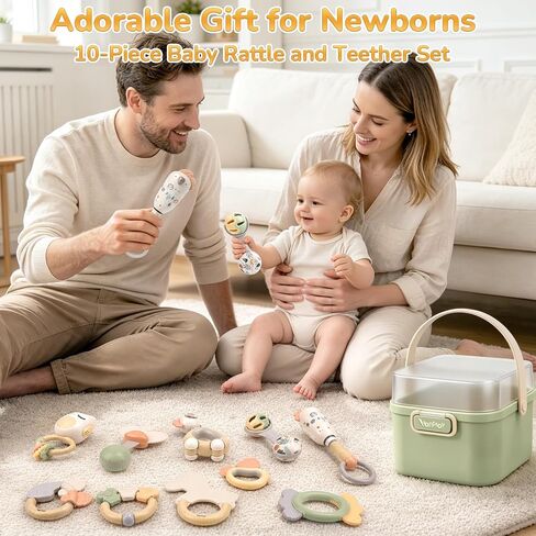 Baby Rattles, Baby Toys 0-6 Months, Teething Toys 3-6 Months, Newborn Toys with Storage Box, Infant Toys 0-6 Months for Grasping, Neutral Baby Shower Gift for Boy Girl (10-Pack) in Kuwait