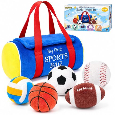 My First Sports Bag Plush, Baby Sports Toys Set with 5 Sensory Balls (Crinkle, Rattle, Squeaky Sounds), Soft Infant Toys 6-12 Months, 1st Birthday Gift for Boys Girls 1 Year Old in Kuwait