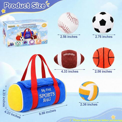 My First Sports Bag Plush, Baby Sports Toys Set with 5 Sensory Balls (Crinkle, Rattle, Squeaky Sounds), Soft Infant Toys 6-12 Months, 1st Birthday Gift for Boys Girls 1 Year Old in Kuwait