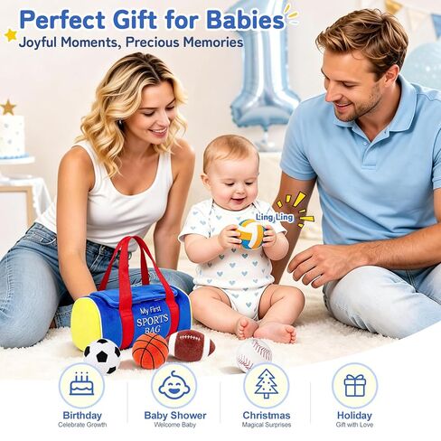 My First Sports Bag Plush, Baby Sports Toys Set with 5 Sensory Balls (Crinkle, Rattle, Squeaky Sounds), Soft Infant Toys 6-12 Months, 1st Birthday Gift for Boys Girls 1 Year Old in Kuwait