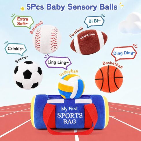 My First Sports Bag Plush, Baby Sports Toys Set with 5 Sensory Balls (Crinkle, Rattle, Squeaky Sounds), Soft Infant Toys 6-12 Months, 1st Birthday Gift for Boys Girls 1 Year Old in Kuwait