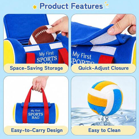 My First Sports Bag Plush, Baby Sports Toys Set with 5 Sensory Balls (Crinkle, Rattle, Squeaky Sounds), Soft Infant Toys 6-12 Months, 1st Birthday Gift for Boys Girls 1 Year Old in Kuwait