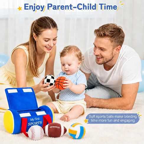 My First Sports Bag Plush, Baby Sports Toys Set with 5 Sensory Balls (Crinkle, Rattle, Squeaky Sounds), Soft Infant Toys 6-12 Months, 1st Birthday Gift for Boys Girls 1 Year Old in Kuwait