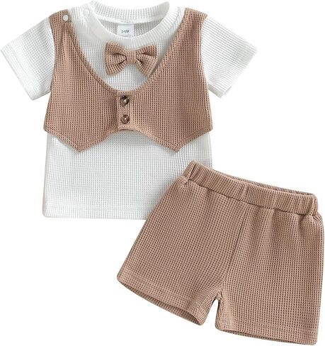 Baby Boy Gentleman Outfit 2PCS Short Sleeve Bow Tie Tee Shirt with Shorts Suit Summer Wedding Church Clothes in Kuwait