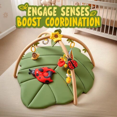 Leaf Tummy Time Baby Play Mat, Activity Gym w/7 Toys 0-18M Washable Oversize Infant Mat | Pure Cotton, Oversized & Comfy,Easy Assemble & Disassemble.Must-have for Newborn All-round Early Development in Kuwait