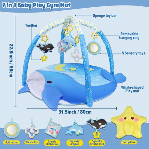 Dr.Rapeti 31x31inch Baby Play Mat, Activity Baby Play Gym with Arch, Playmats & Floor Gyms, Detachable Mirror and Squeaky Soft Set, Thick Non-Toxic Playmats in Kuwait